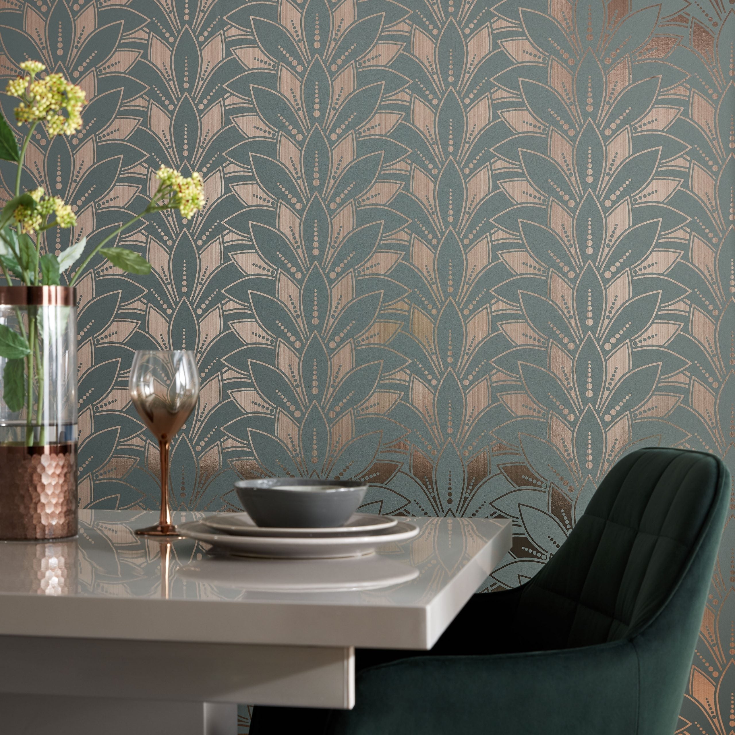 1838 Wallcoverings Astoria Neo Behang 1907-139-05 - Mint Green and Gold