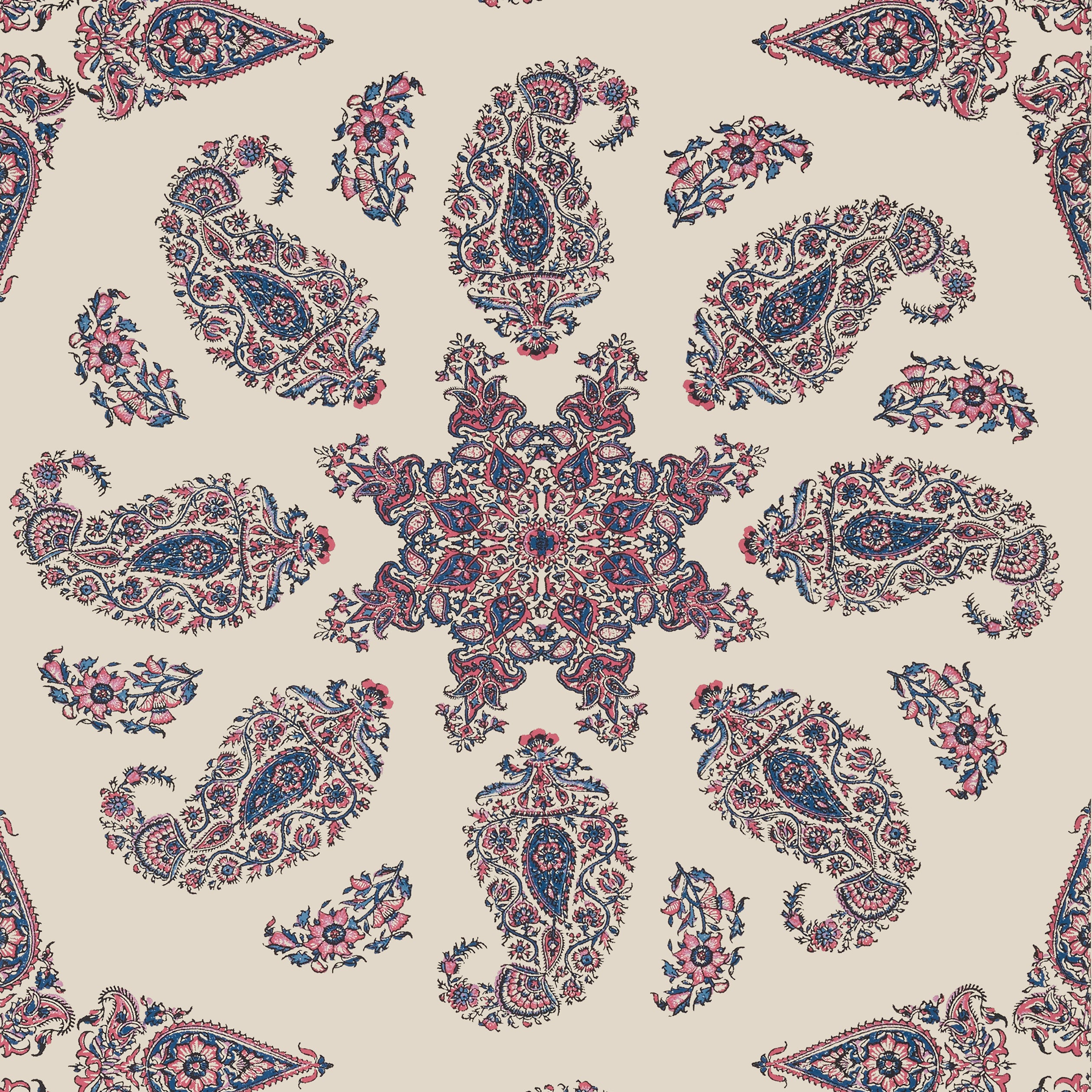 Thibaut East India Behang T36430 - Raspberry and Blue on Natural