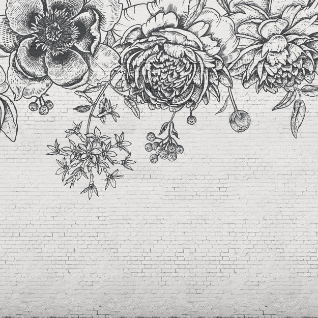 Les Dominotiers Black Flower Brick Wall Noir Et Blanc Behang DOM 402
