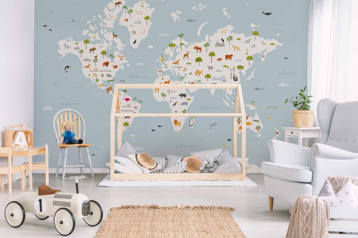 Coordonné Random Kids Animal Map Aqua behang 9700050 - LAB COLOUR THE WORLD