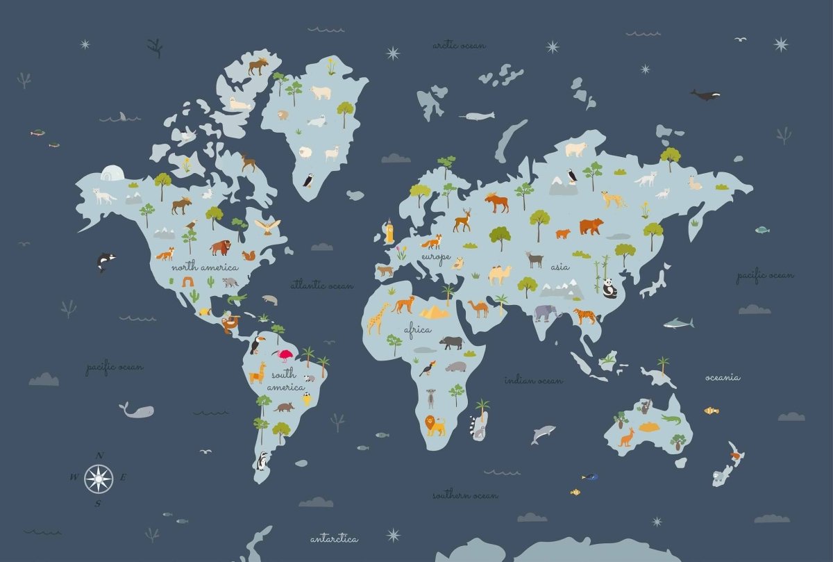 Coordonné Random Kids Animal Map Wave behang 9700053 - LAB COLOUR THE WORLD