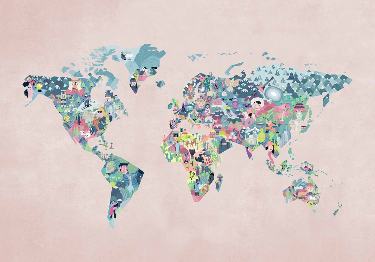 Coordonné Random Kids Diversity Map Peach behang 9700062 - LAB COLOUR THE WORLD