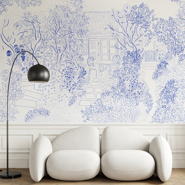 Les Dominotiers Coin De Jardin Bleu Behang DOM 3007 - LAB COLOUR THE WORLD