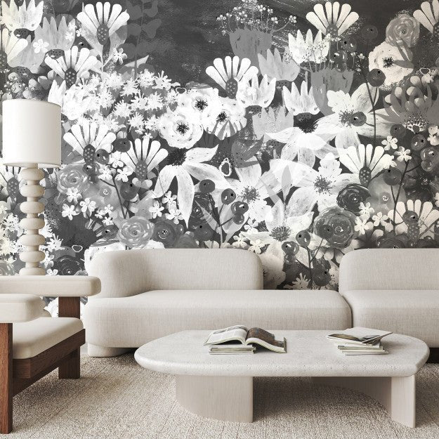 Les Dominotiers Jardin Fleuri Noir Et Blanc Behang DOM 3016 - LAB COLOUR THE WORLD