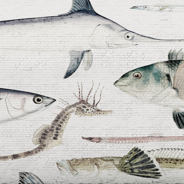 Les Dominotiers White Brick Wall & Fish Blanc Et Bleu Behang DOM 401