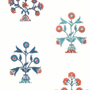 Thibaut Indian Flower Behang T10669 - Coral and Blue