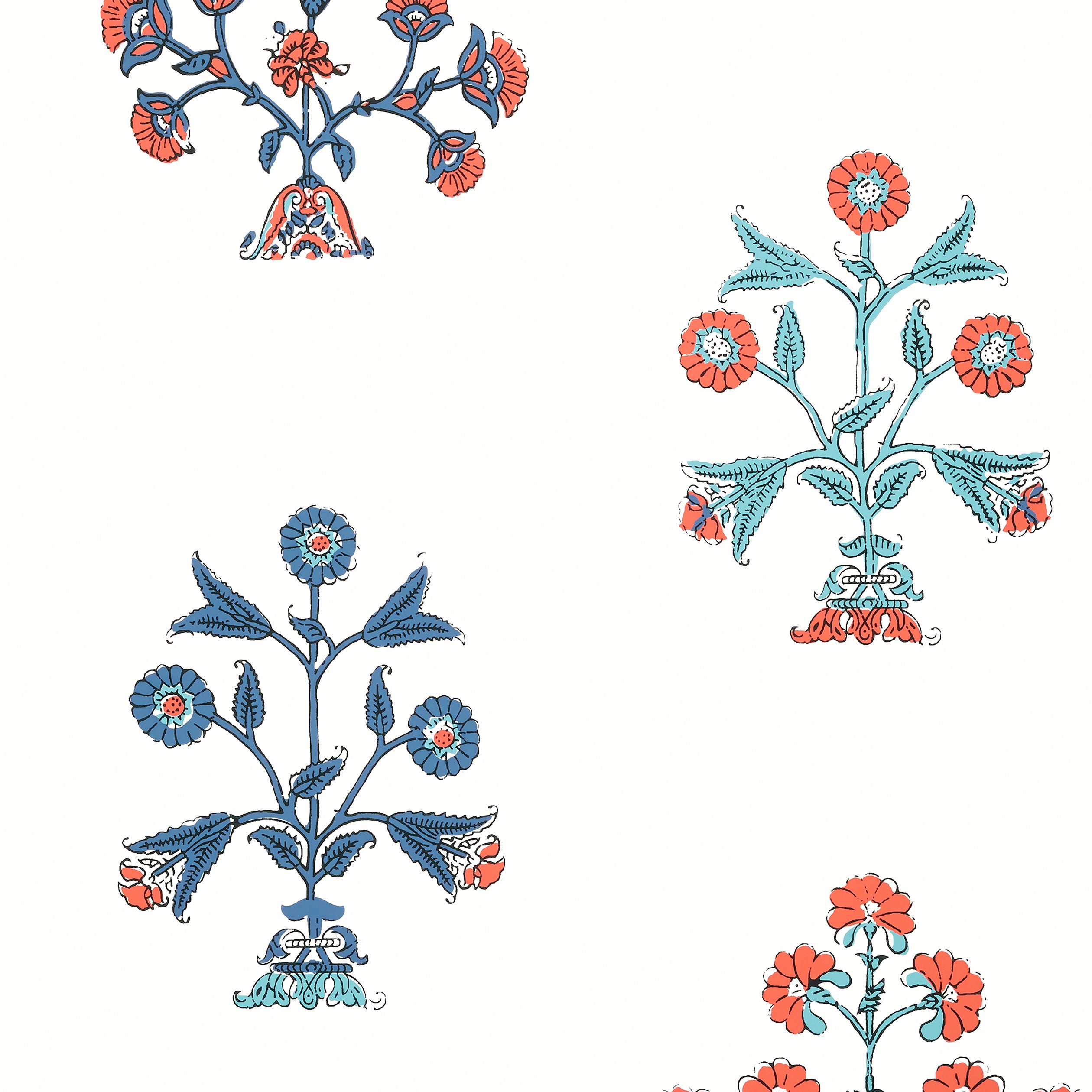 Thibaut Indian Flower Behang T10669 - Coral and Blue