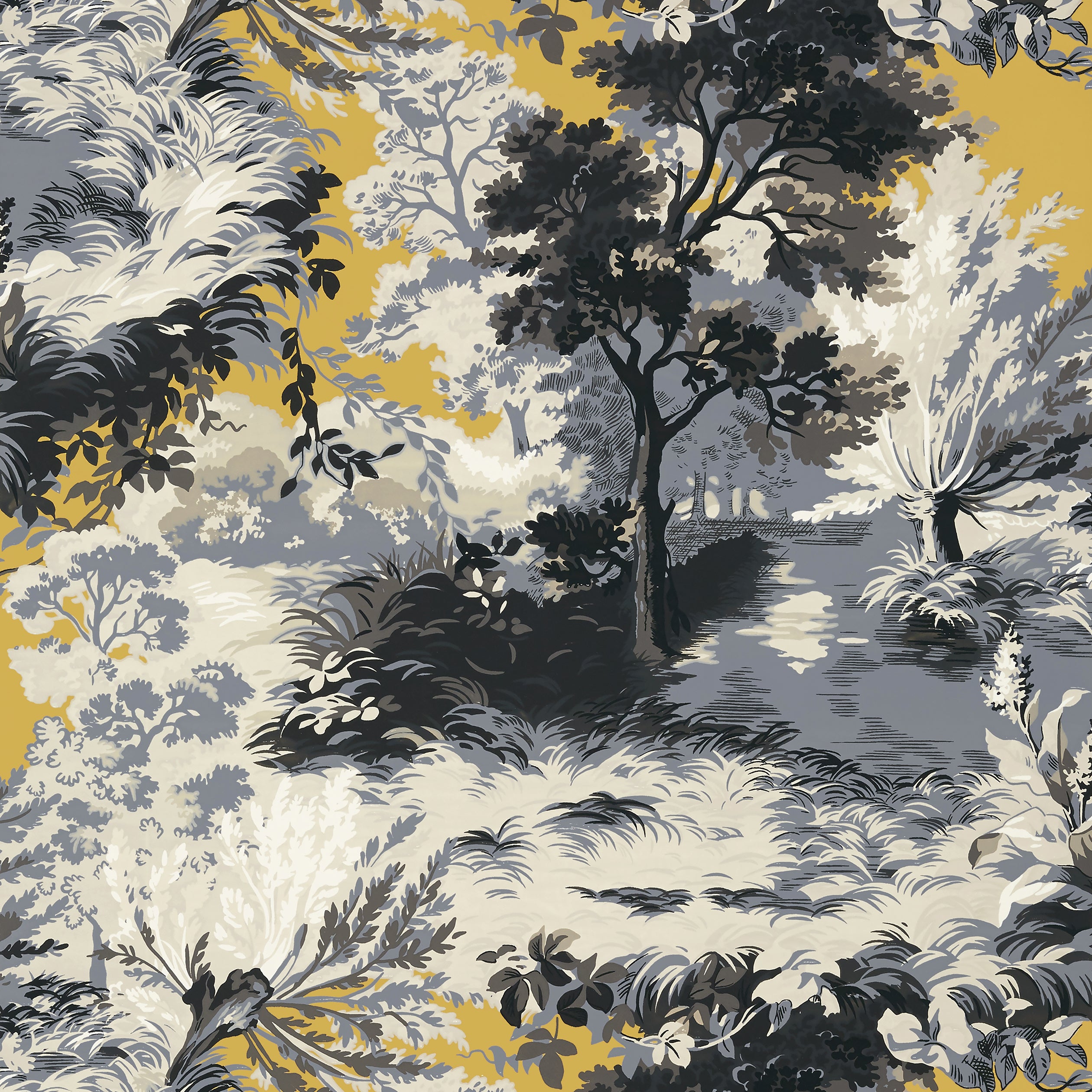 Thibaut Lincoln Toile Behang T10869 - Yellow and Grey
