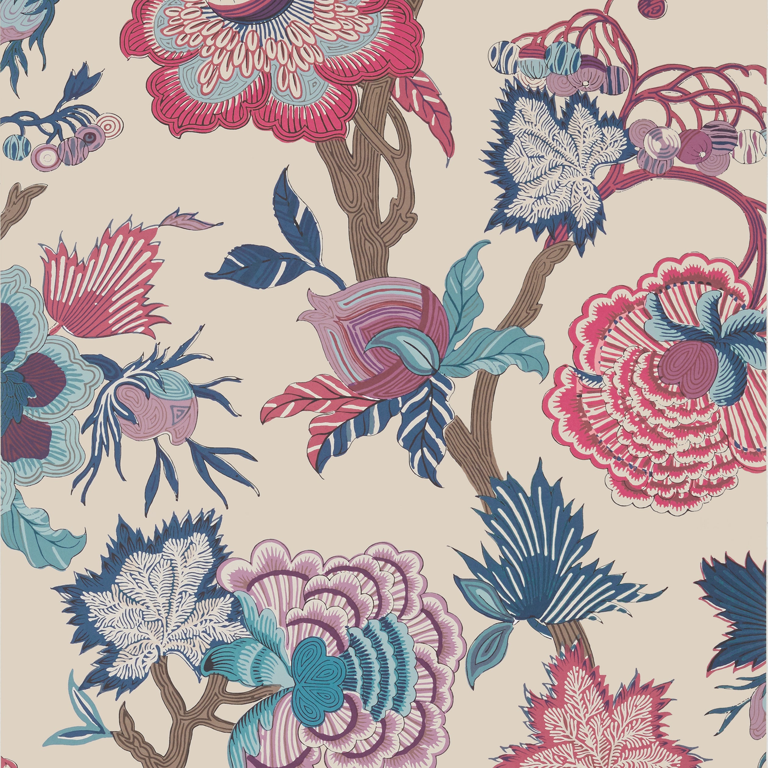 Thibaut Indienne Jacobean Behang T36419 - Raspberry and Blue on Natural