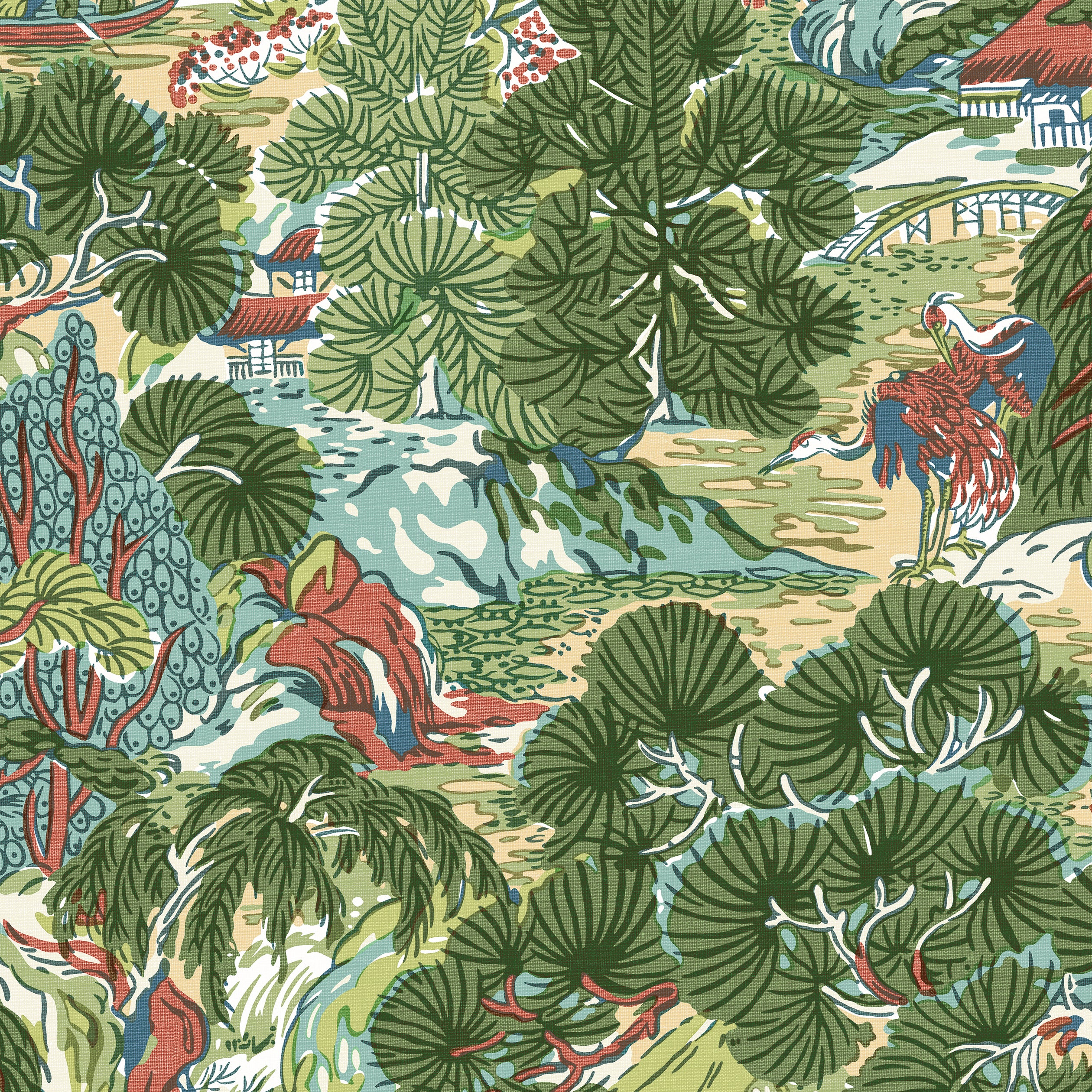 Thibaut Pagoda Trees Behang T42022 - Coral and Green