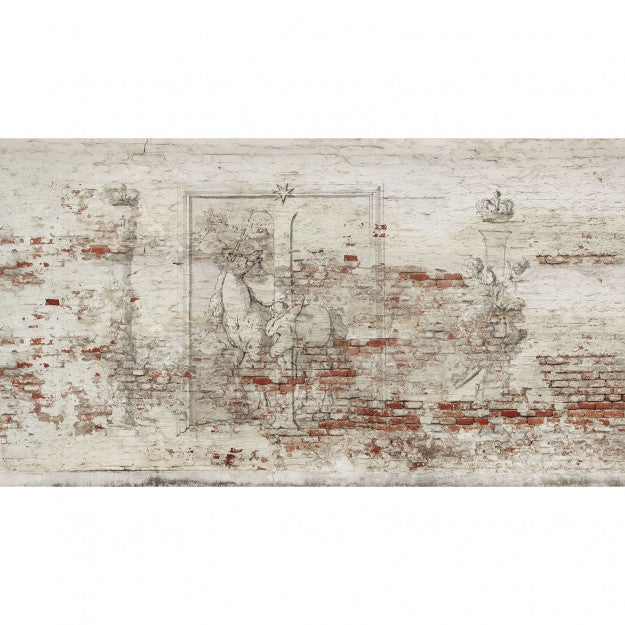 Les Dominotiers Antique Letters & Old Brick Wall Blanc Et Rouge Behang DOM 411