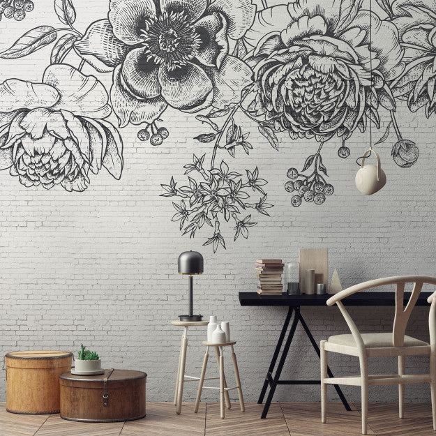 Les Dominotiers Black Flower Brick Wall Noir Et Blanc Behang DOM 402
