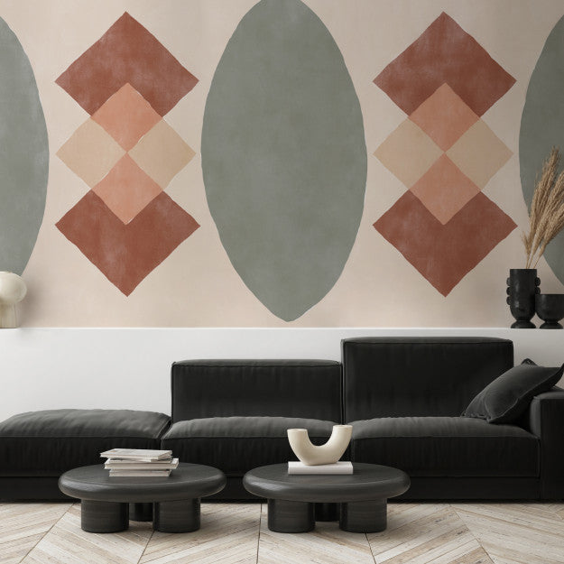 Les Dominotiers Checkmate Beige / Green / Terracota / Pink Behang DOM 701