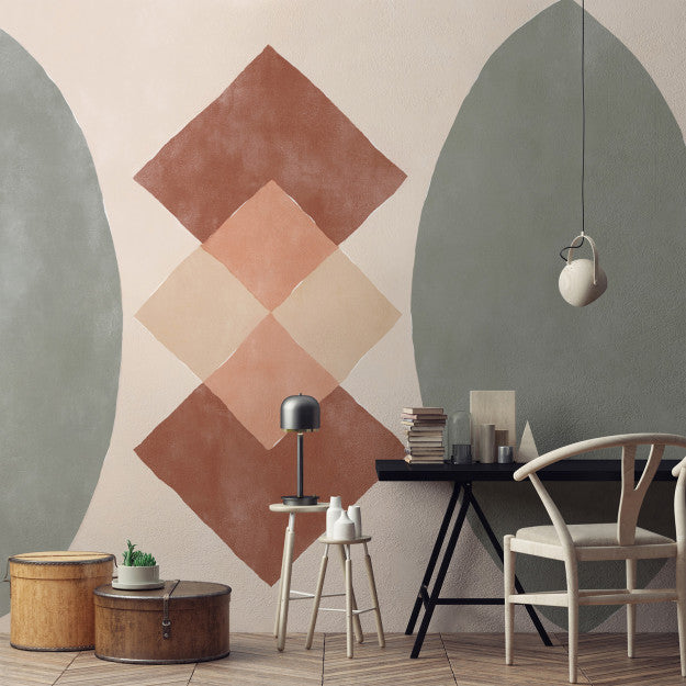 Les Dominotiers Checkmate Beige / Green / Terracota / Pink Behang DOM 701