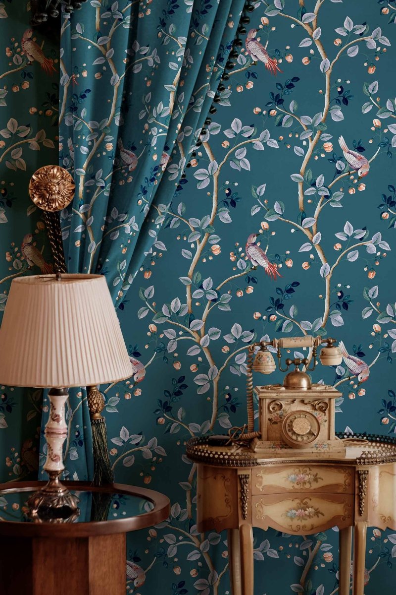 Coordonné Forbidden City Birds Prosperity Sapphire behang B00123 - LAB COLOUR THE WORLD