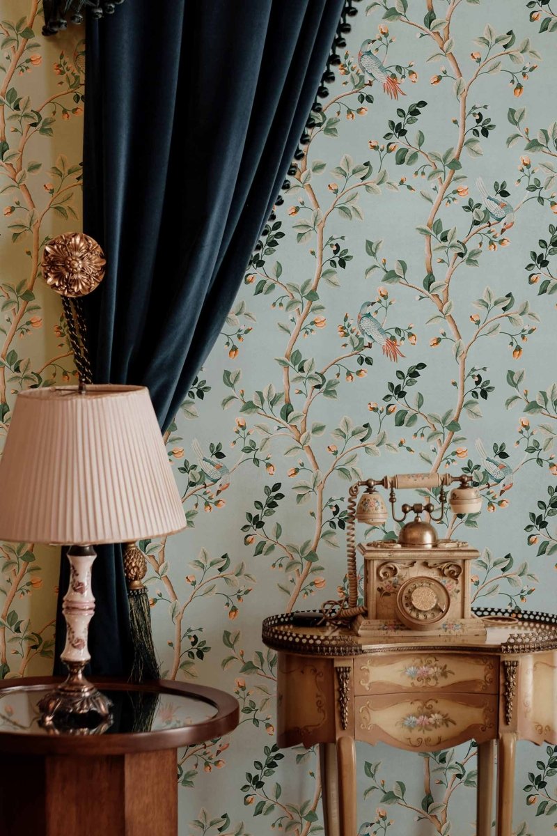 Coordonné Forbidden City Birds Prosperity Turquoise behang B00125 - LAB COLOUR THE WORLD