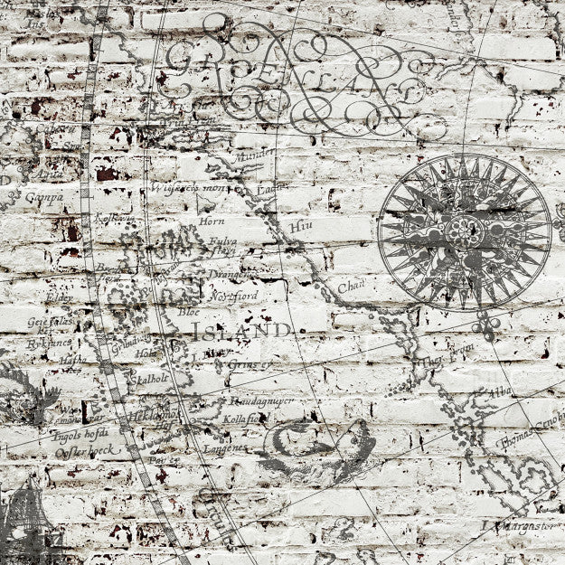Les Dominotiers Map & Rough Brick Wall Blanc Et Bleu-Gris Behang DOM 408