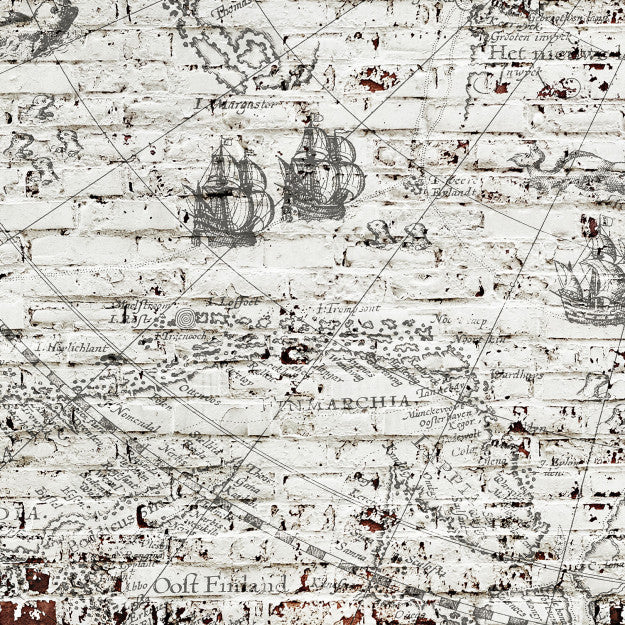 Les Dominotiers Map & Rough Brick Wall Blanc Et Bleu-Gris Behang DOM 408