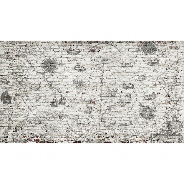 Les Dominotiers Map & Rough Brick Wall Blanc Et Bleu-Gris Behang DOM 408