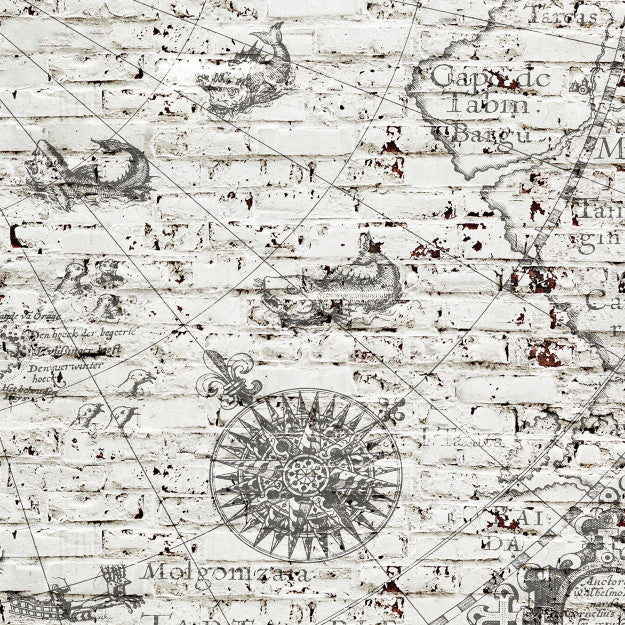 Les Dominotiers Map & Rough Brick Wall Blanc Et Bleu-Gris Behang DOM 408