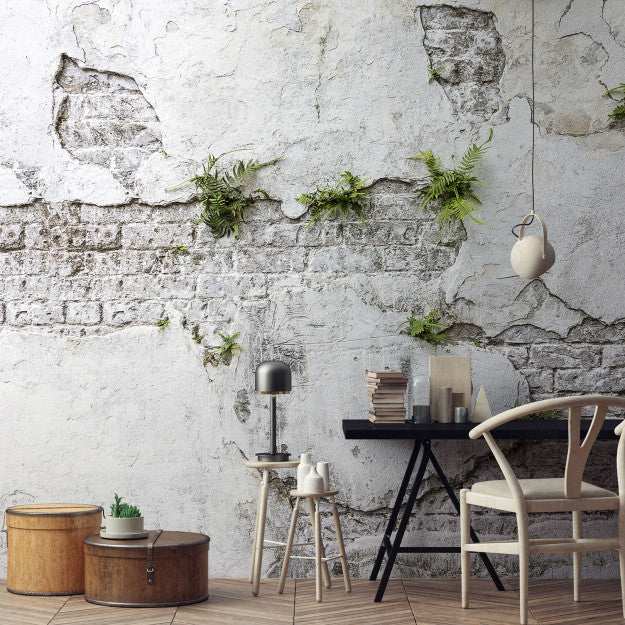 Les Dominotiers Plants & Brick Wall Blanc Et Vert Behang DOM 406