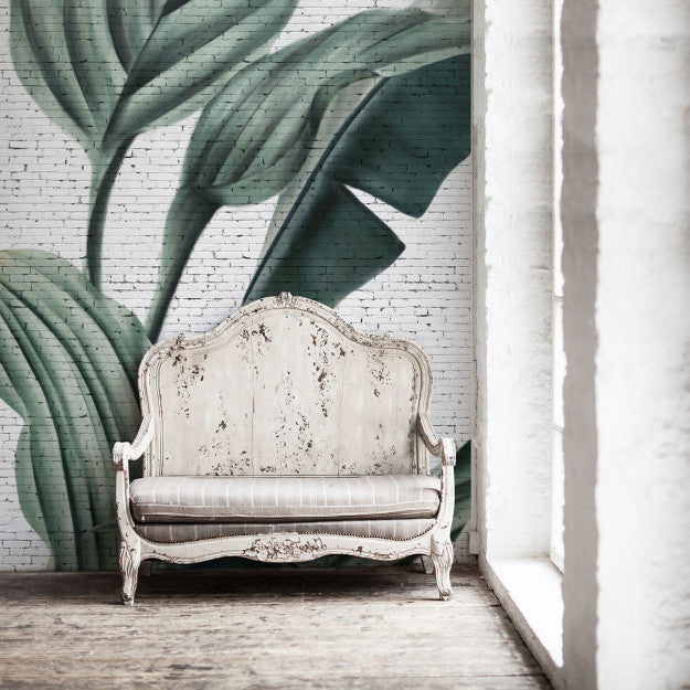 Les Dominotiers Tropical Grunge Brick Wall Blanc Et Vert Behang DOM 405