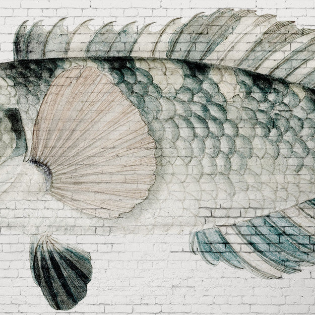 Les Dominotiers White Brick Wall & Fish Blanc Et Bleu Behang DOM 401