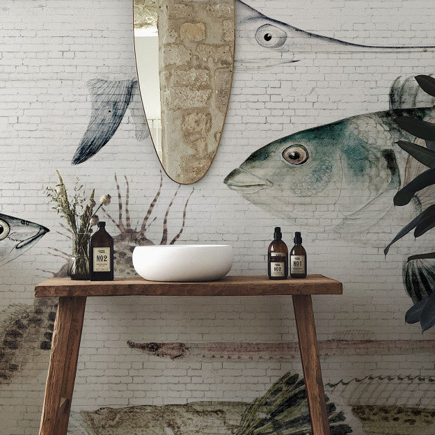 Les Dominotiers White Brick Wall & Fish Blanc Et Bleu Behang DOM 401