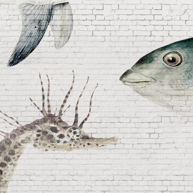 Les Dominotiers White Brick Wall & Fish Blanc Et Bleu Behang DOM 401