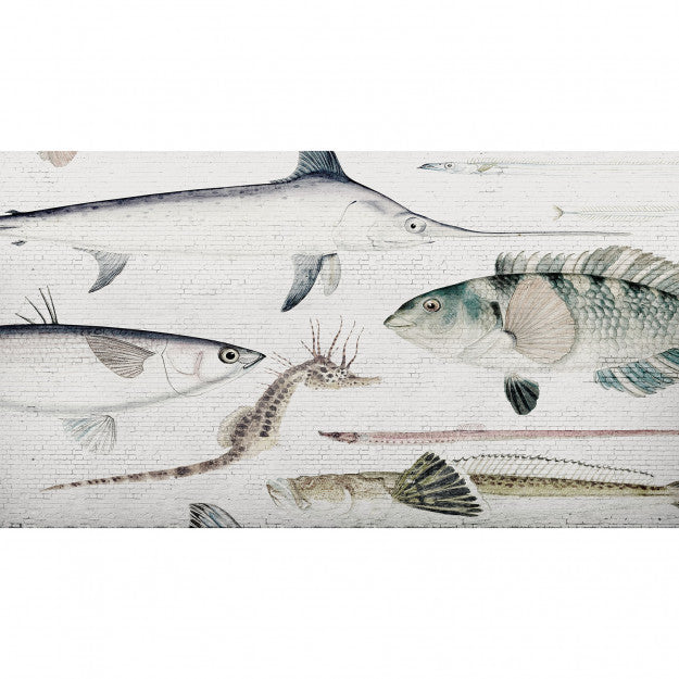 Les Dominotiers White Brick Wall & Fish Blanc Et Bleu Behang DOM 401