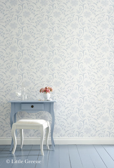 Little Greene behang, London Wallpapers 2, Bedford Square, wit, groen, bloem, streep, 0273BEPRINT, luxury by nature
