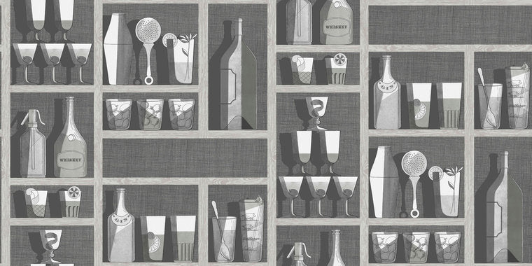 Fornasetti Cocktails behang papier 114-23045 Senza Tempo Cole & Son flessen kast cocktails