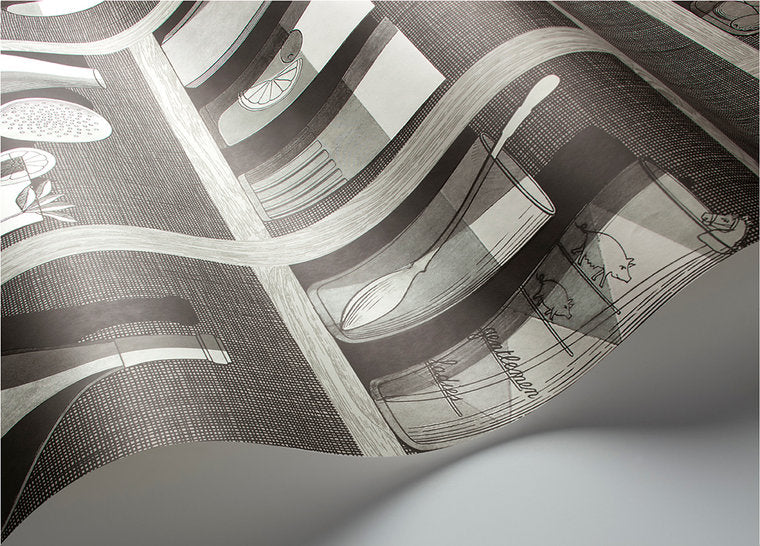 Fornasetti Cocktails behang papier 114-23045 detail Senza Tempo Cole and Son flessen kast cocktails